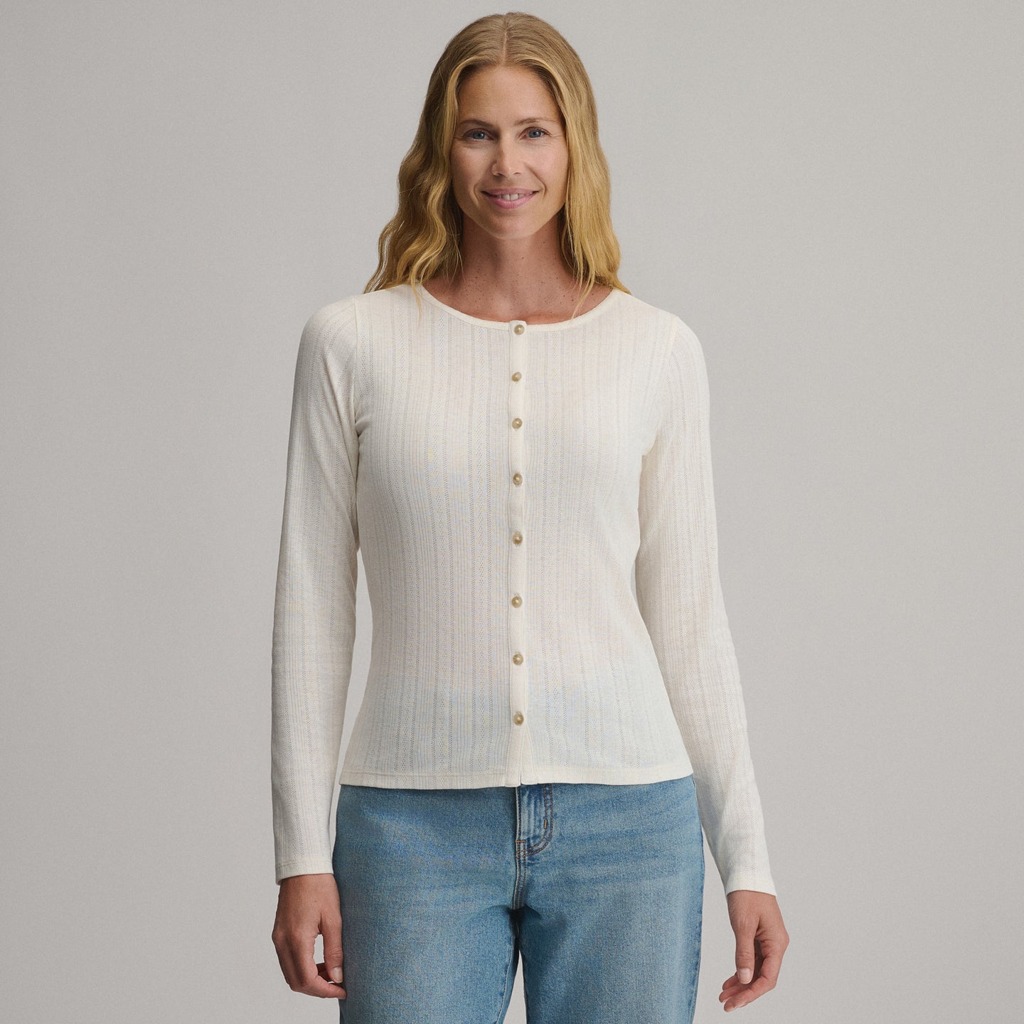 Women's Long-Sleeve Pointelle Button Front Top-Ivory-9