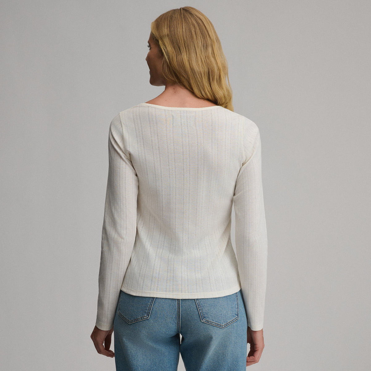 Women's Long-Sleeve Pointelle Button Front Top-Ivory-10