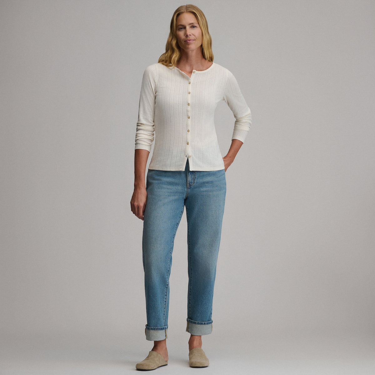 Women's Long-Sleeve Pointelle Button Front Top-Ivory-11