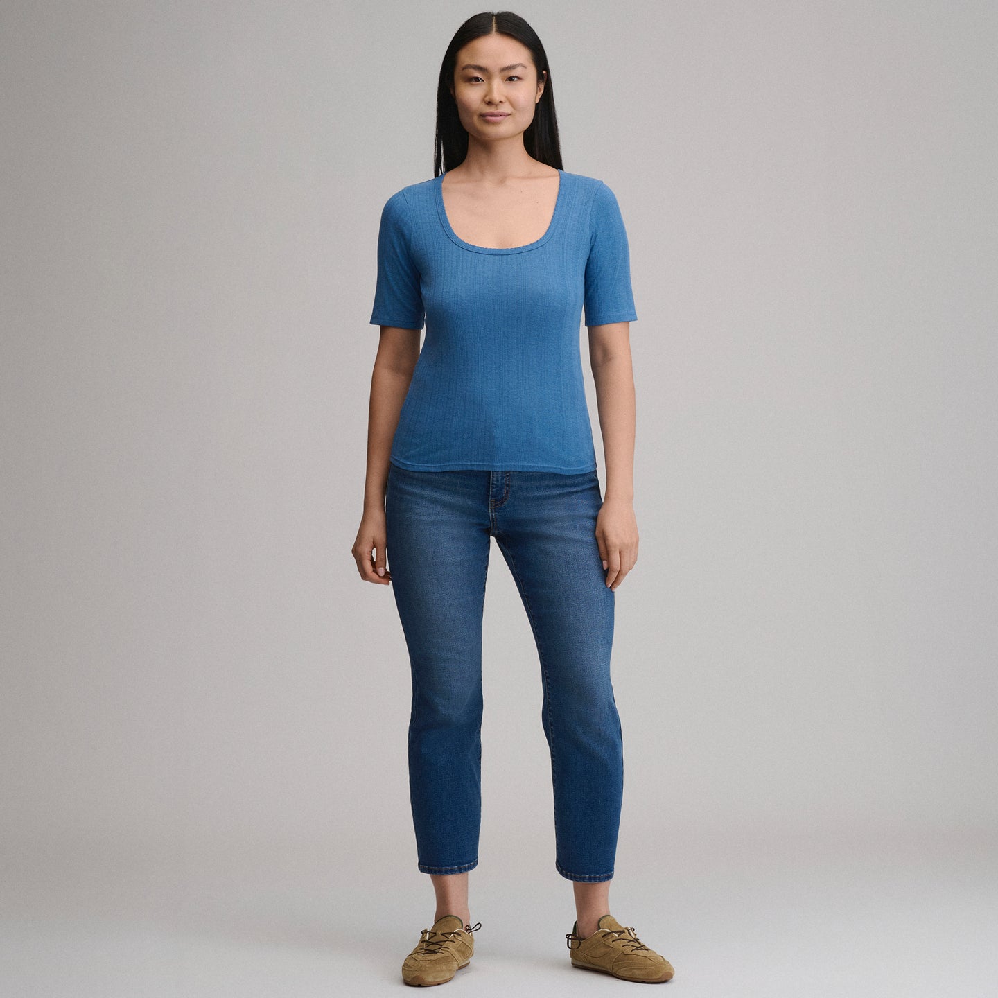 Pointelle Square Neck SS-Dk Chambray-4