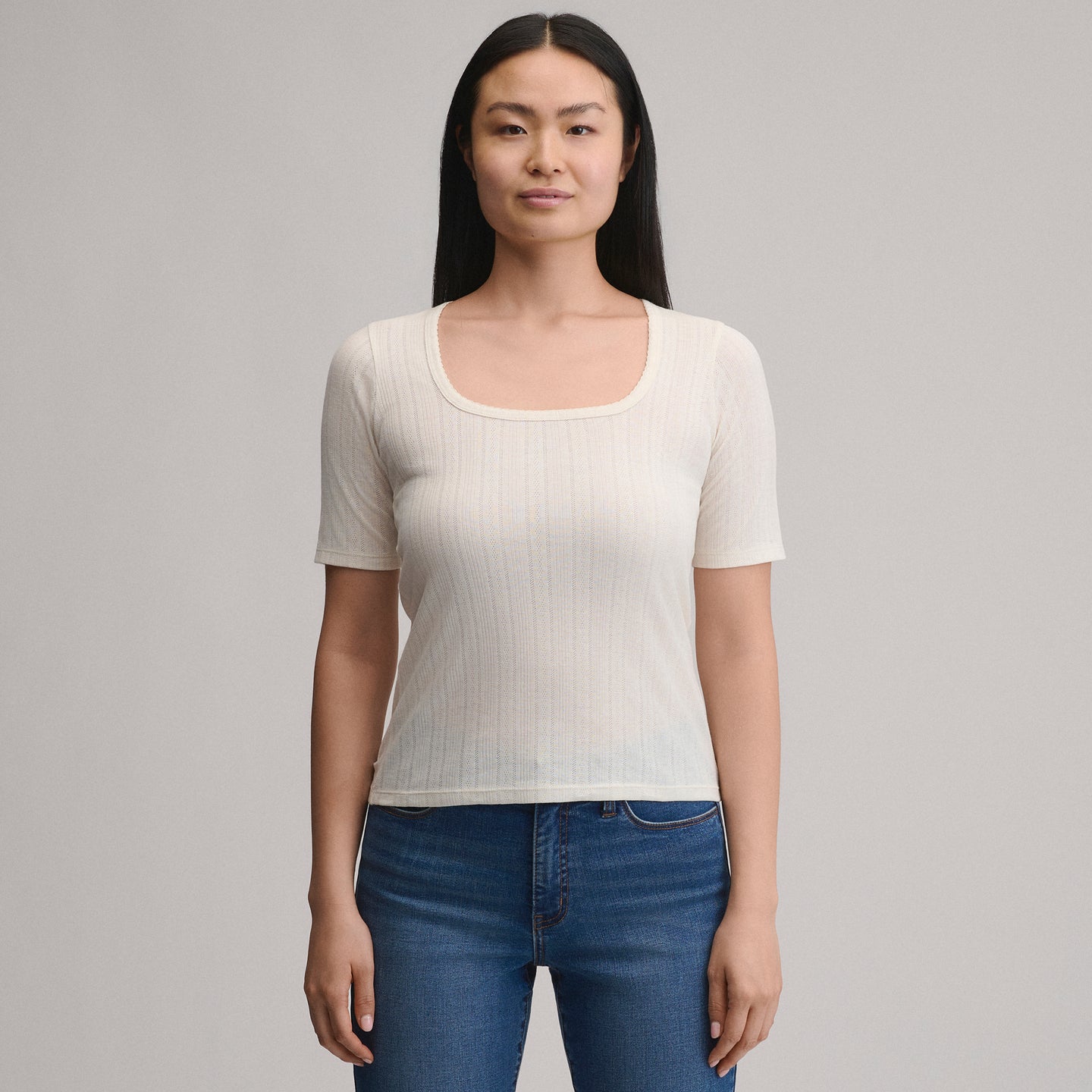 Pointelle Square Neck SS-Ivory-9