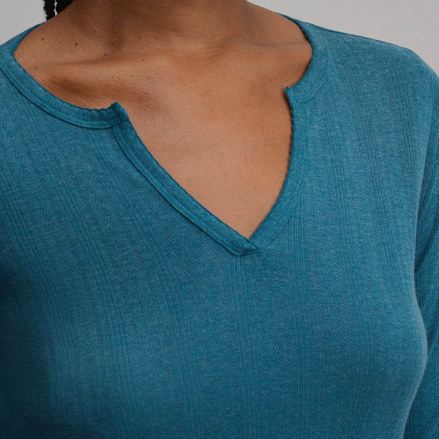 Women's Pointelle Notch-Neck Long-Sleeve Crew-Meridian Blue-3