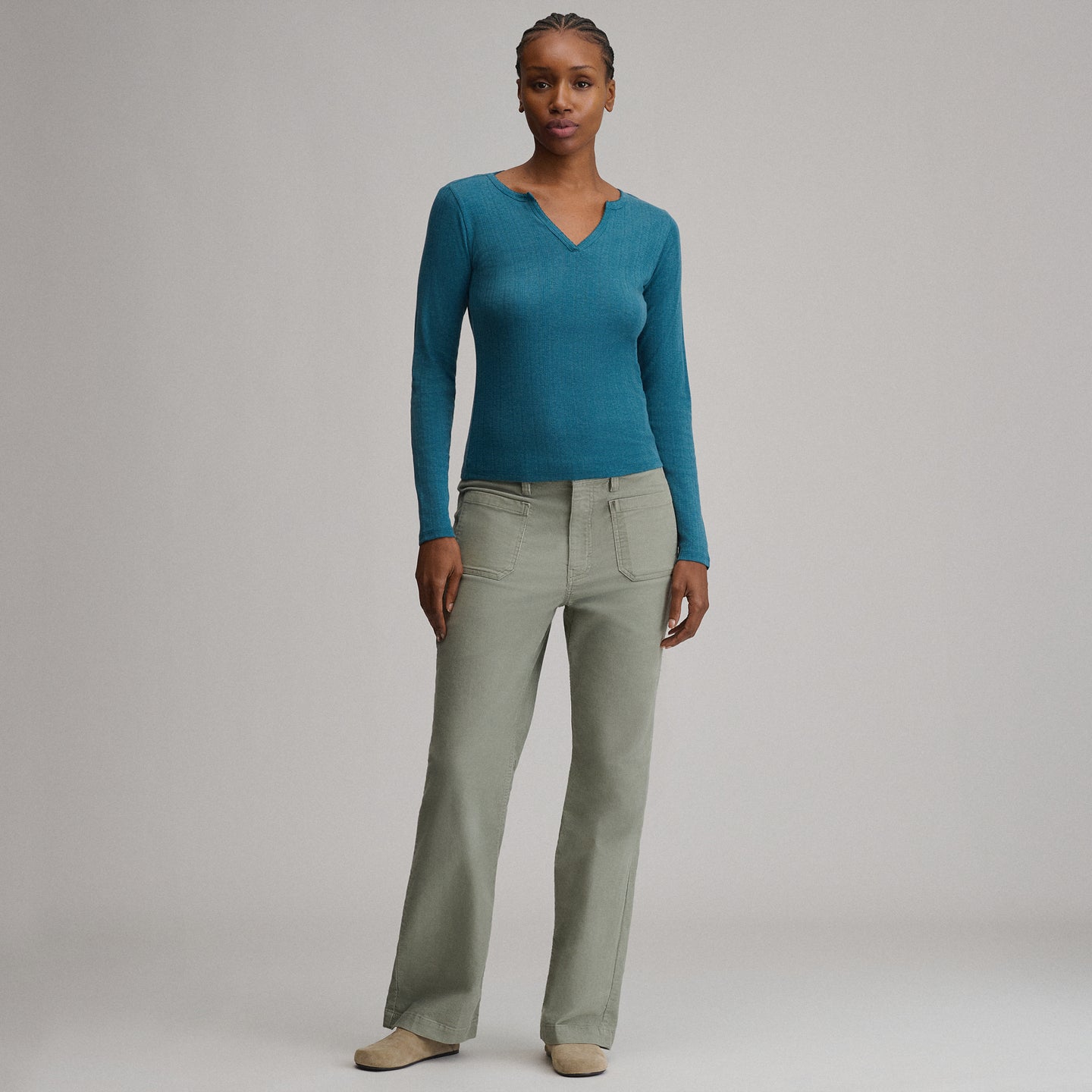 Women's Pointelle Notch-Neck Long-Sleeve Crew-Meridian Blue-4
