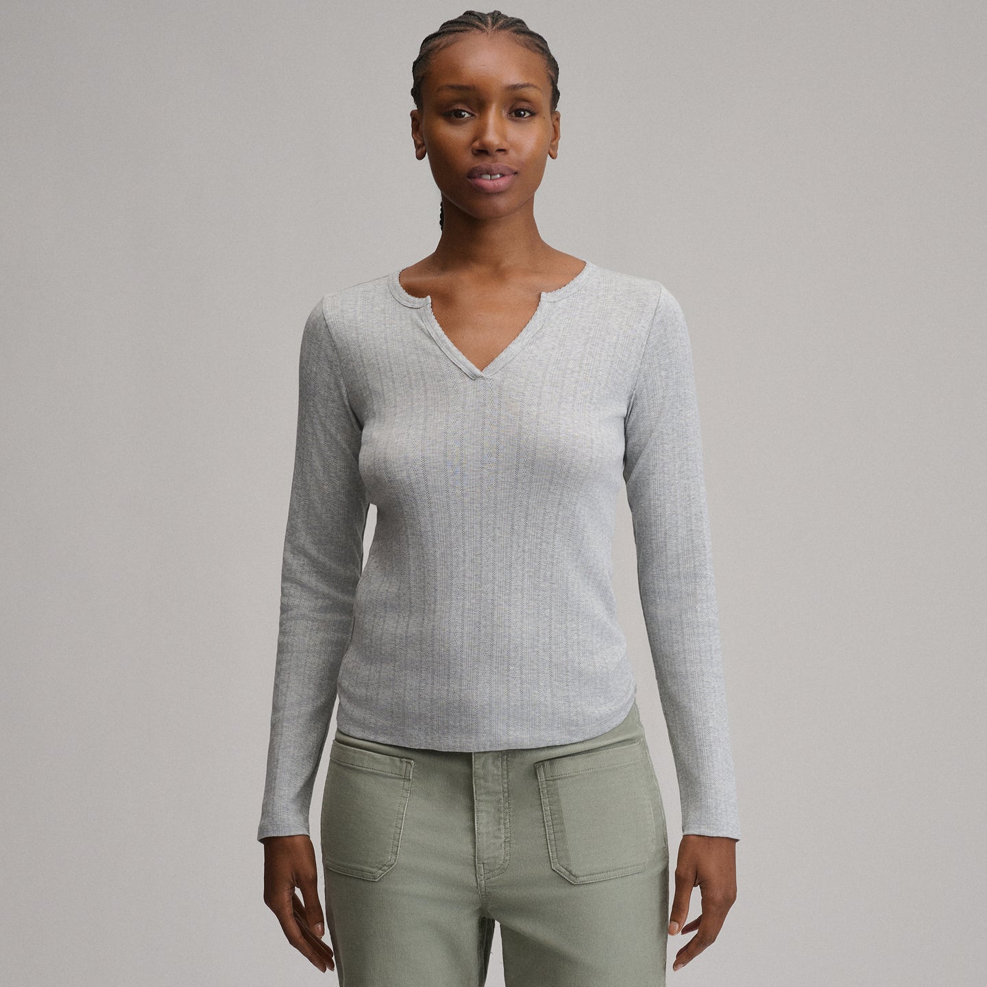 Women's Pointelle Notch-Neck Long-Sleeve Crew-Light Hthr Gray-9