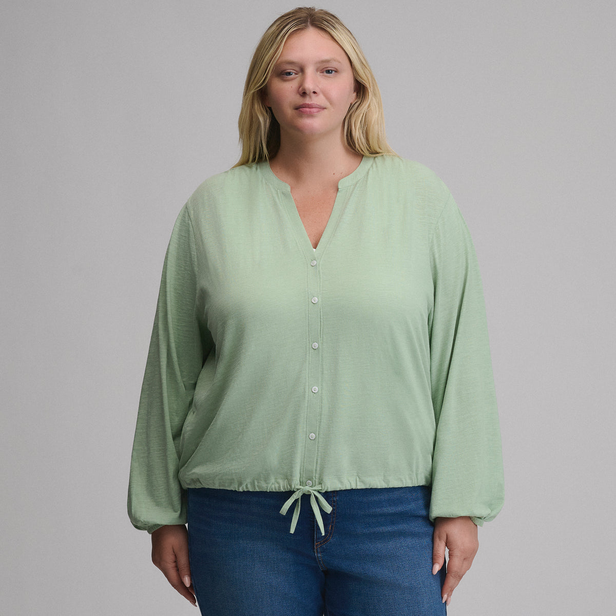 Women's Long-Sleeve Button Front Drawstring Hem Top-Limestone-1