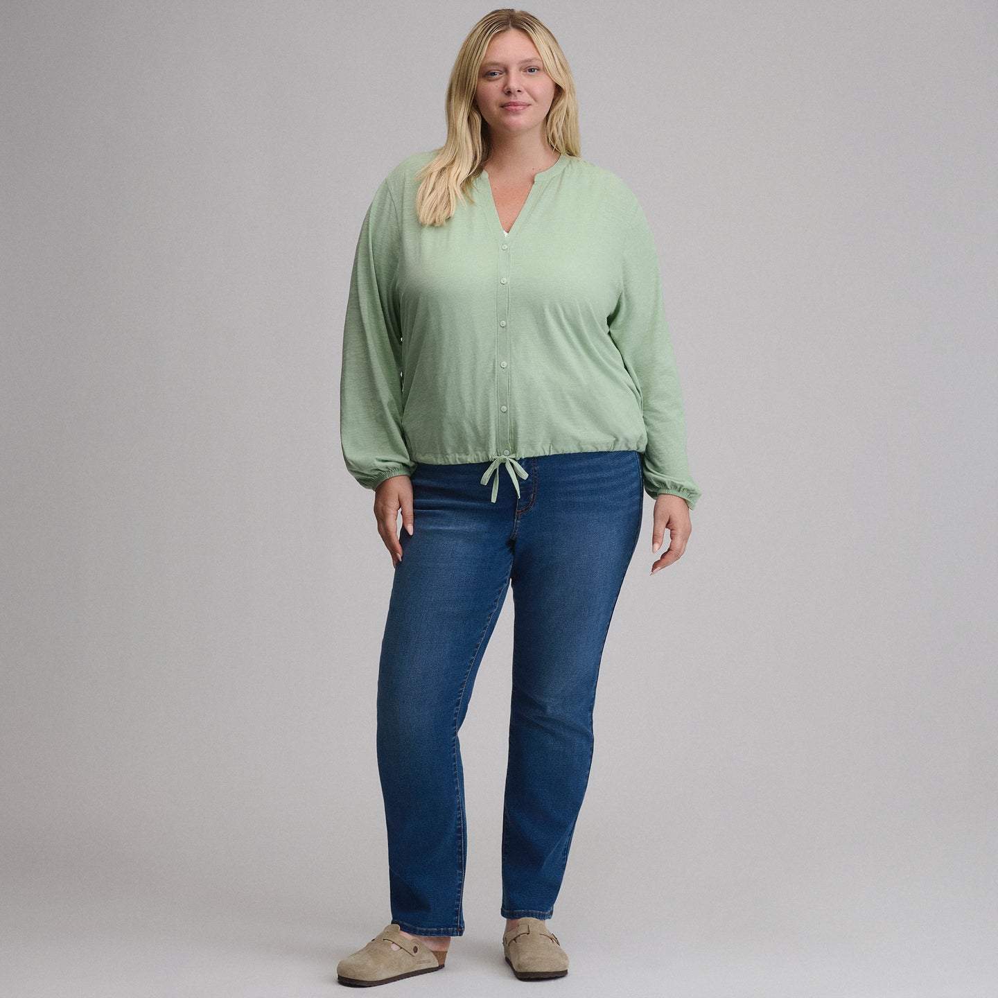 Women's Long-Sleeve Button Front Drawstring Hem Top-Limestone-4