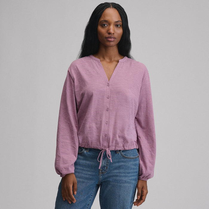 Women's Long-Sleeve Button Front Drawstring Hem Top