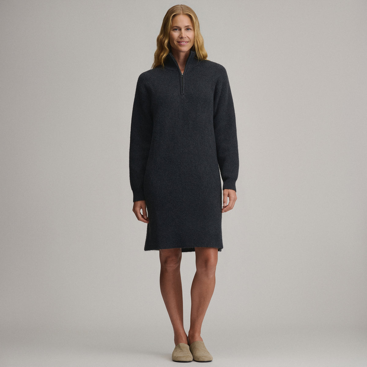 Women's Long-Sleeve Ribbed Zip Mock Sweater Dress-Charcoal Heather-4