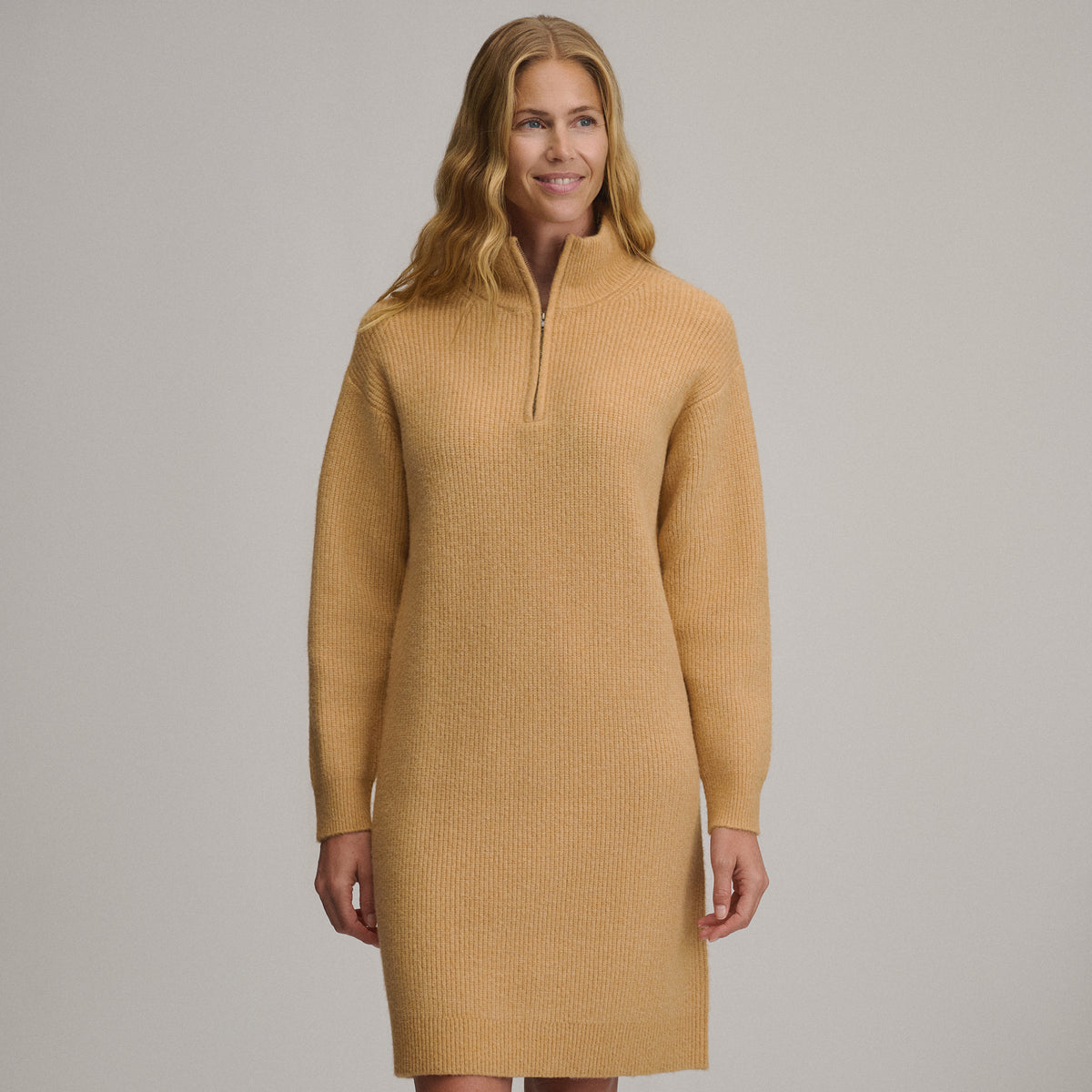 Women's Long-Sleeve Ribbed Zip Mock Sweater Dress-Heather Oatmeal-5