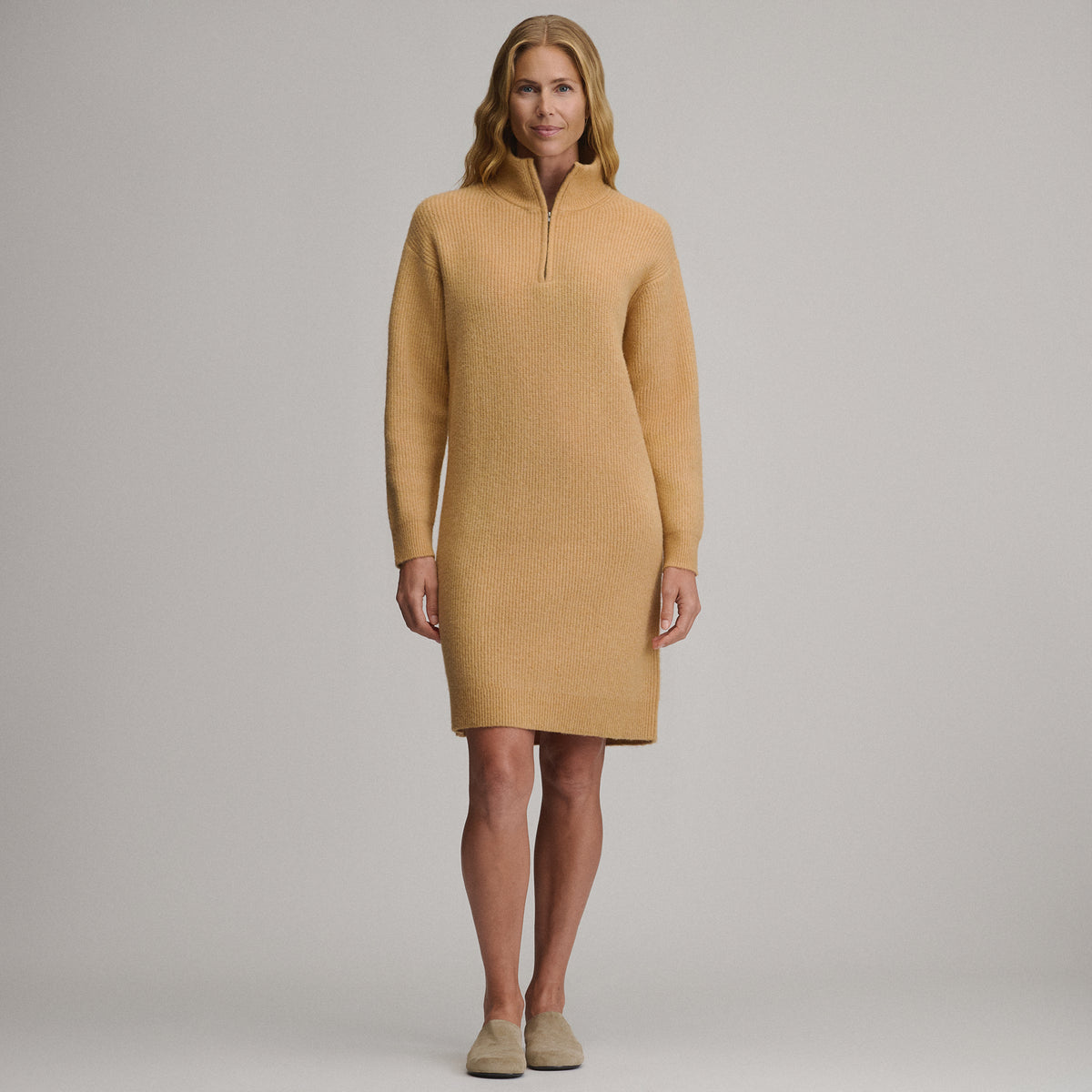 Women's Long-Sleeve Ribbed Zip Mock Sweater Dress-Heather Oatmeal-8