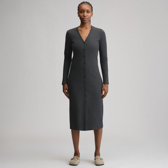 Women's Long-Sleeve Button Front Ribbed Knit Midi Dress