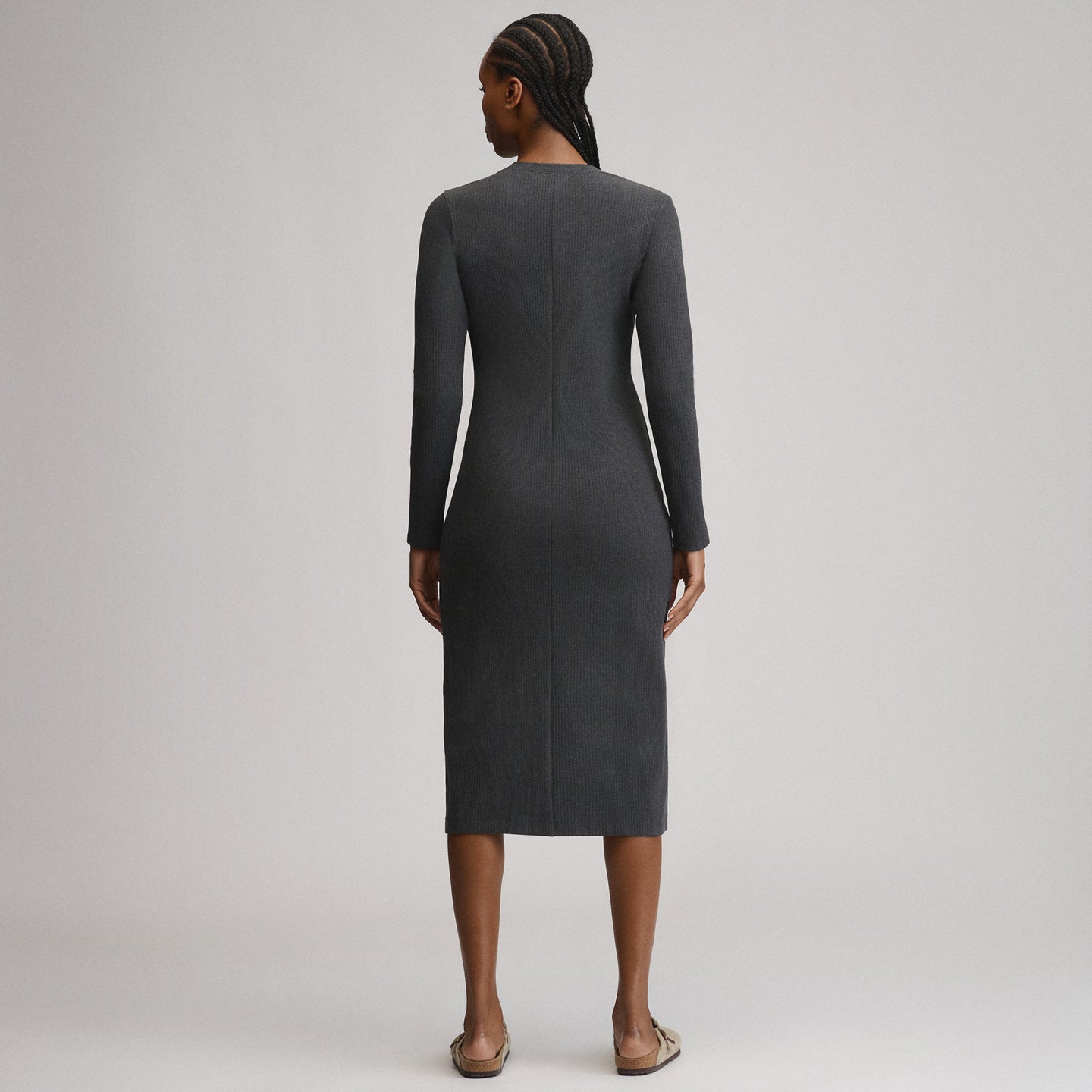 Women's Long-Sleeve Button Front Ribbed Knit Midi Dress-Charcoal-2