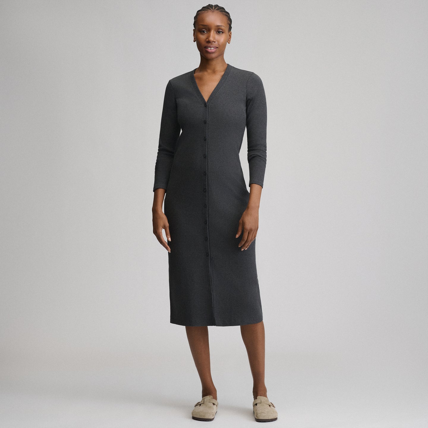 Women's Long-Sleeve Button Front Ribbed Knit Midi Dress-Charcoal-4