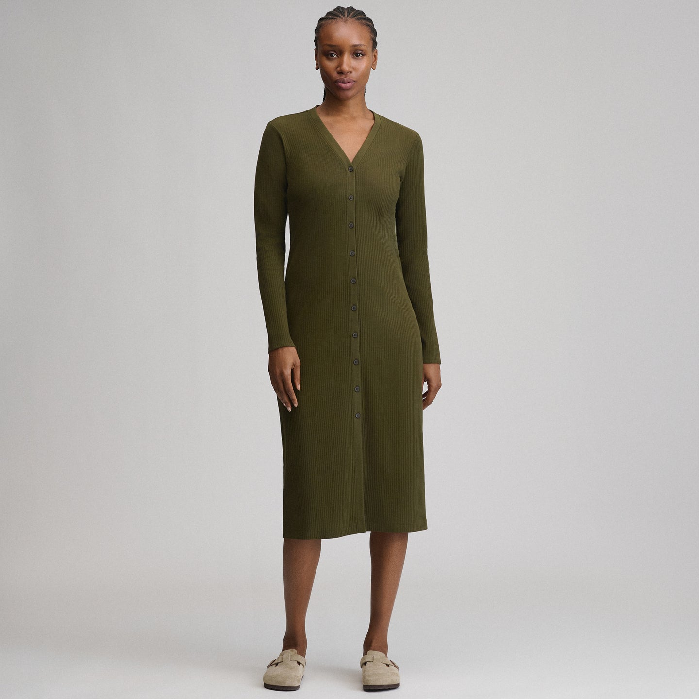 Women's Long-Sleeve Button Front Ribbed Knit Midi Dress-Deep Olive-5