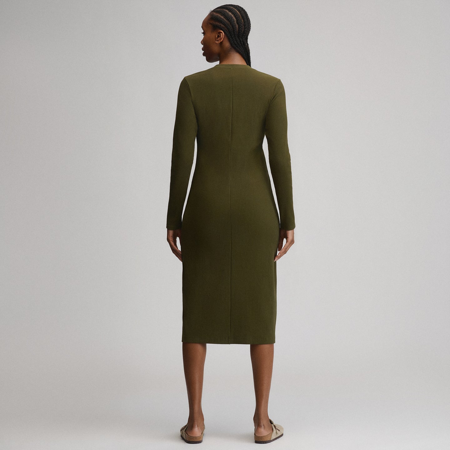 Women's Long-Sleeve Button Front Ribbed Knit Midi Dress-Deep Olive-6