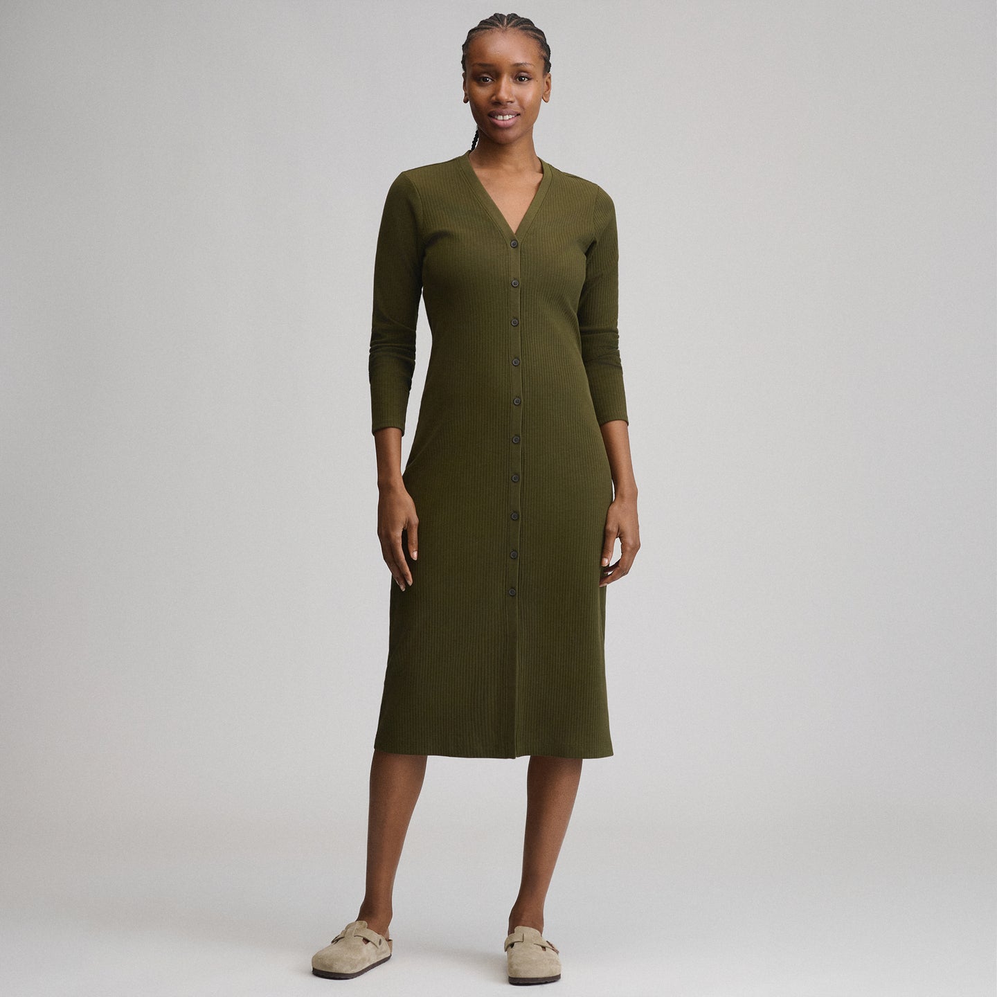 Women's Long-Sleeve Button Front Ribbed Knit Midi Dress-Deep Olive-8