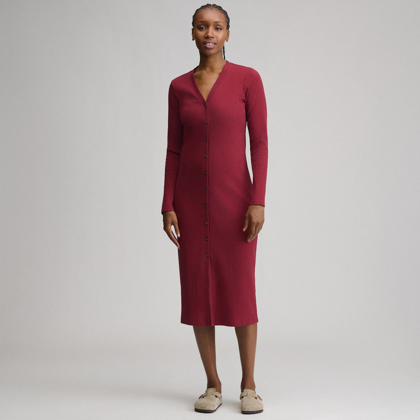 Women's Long-Sleeve Button Front Ribbed Knit Midi Dress-Blossom-9