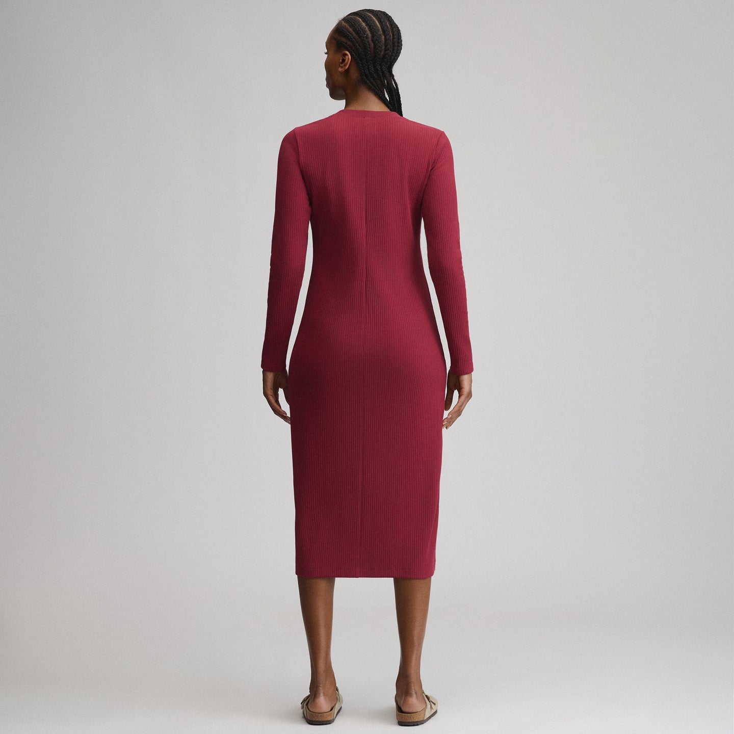 Women's Long-Sleeve Button Front Ribbed Knit Midi Dress-Blossom-10