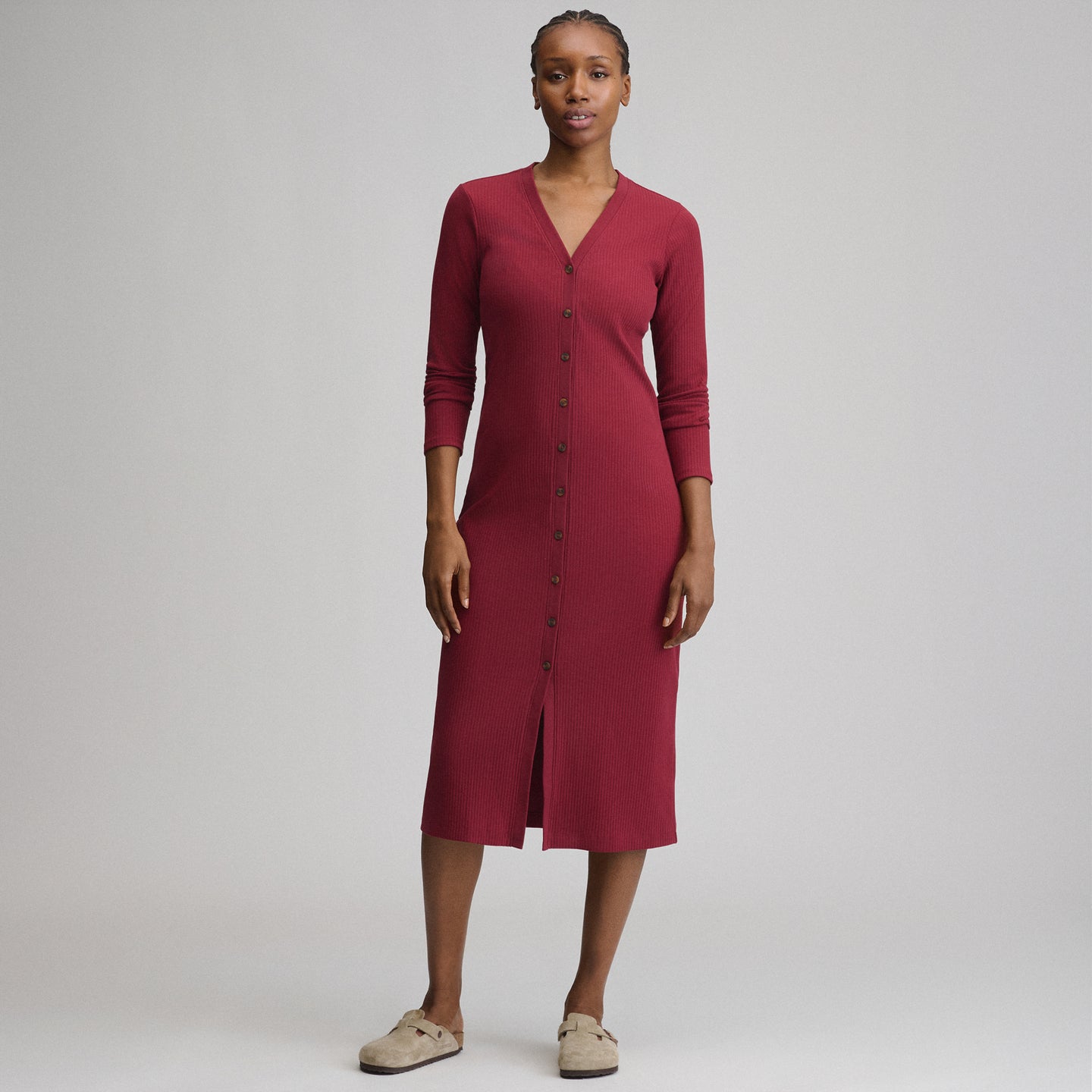Women's Long-Sleeve Button Front Ribbed Knit Midi Dress-Blossom-12