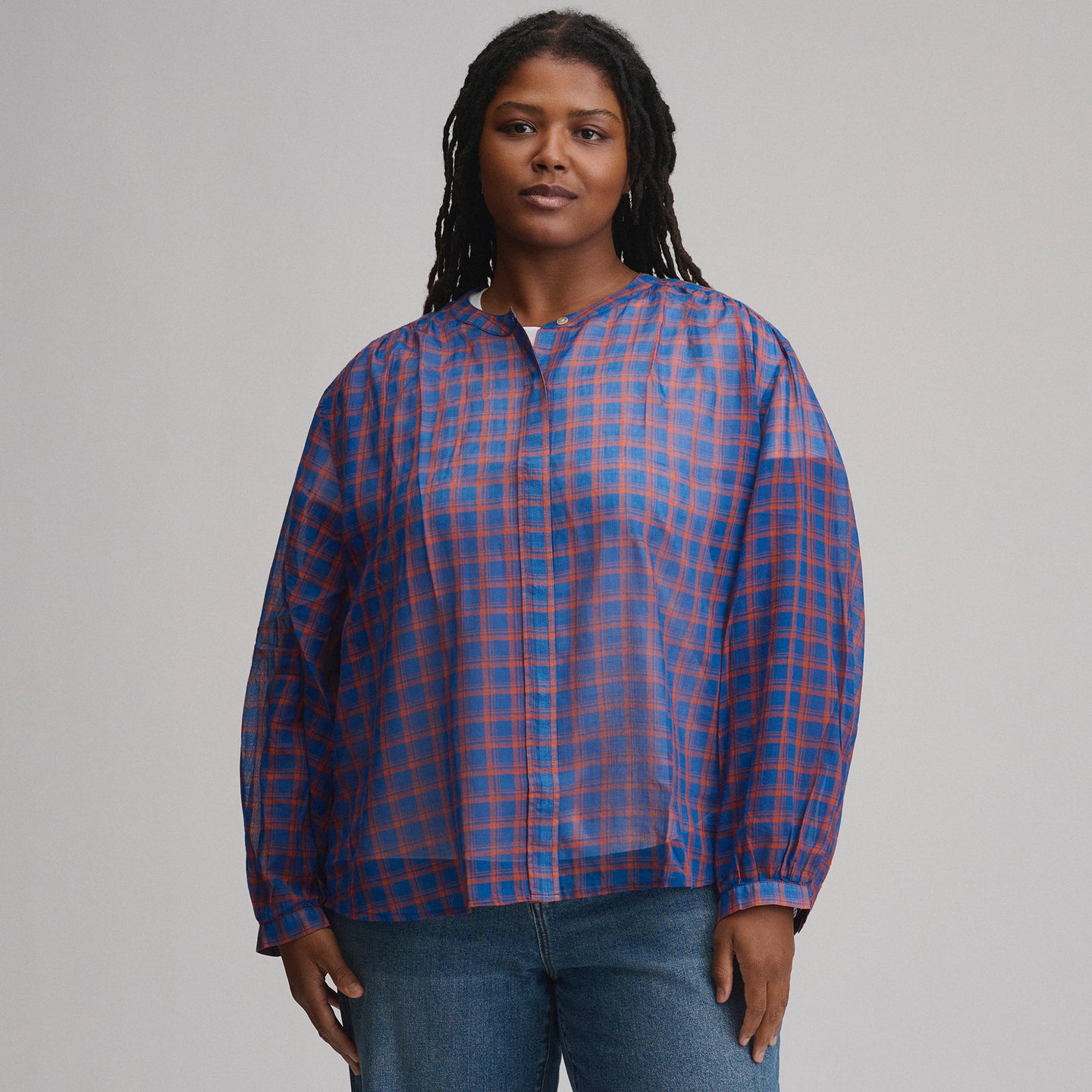 Women's Long-Sleeve Collarless Button-Down Shirt-Royal-1