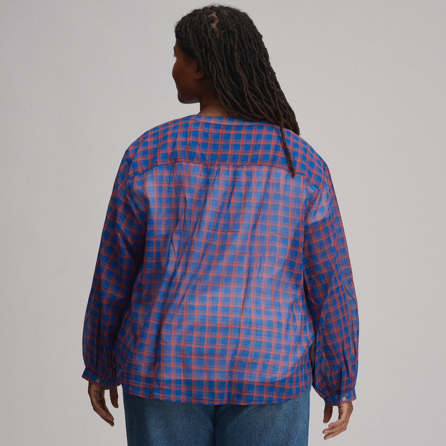 Women's Long-Sleeve Collarless Button-Down Shirt-Royal-2
