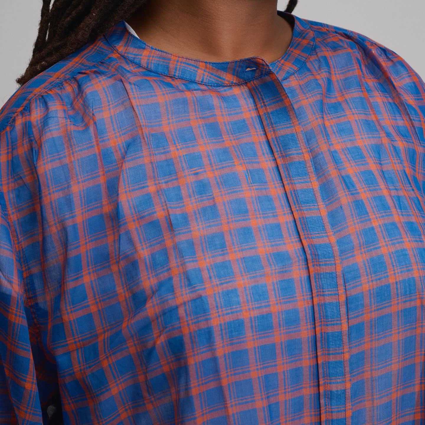 Women's Long-Sleeve Collarless Button-Down Shirt-Royal-3