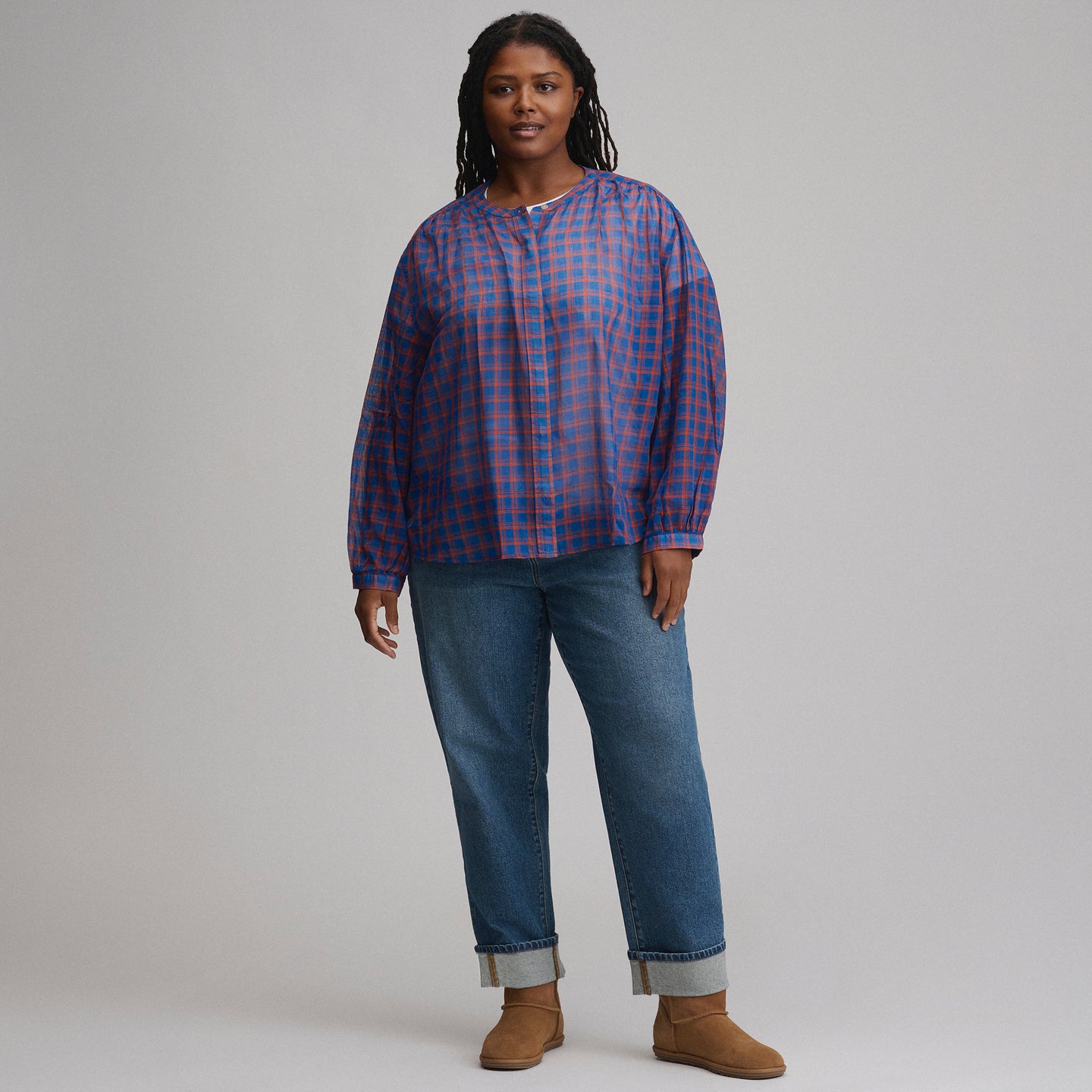 Women's Long-Sleeve Collarless Button-Down Shirt-Royal-4