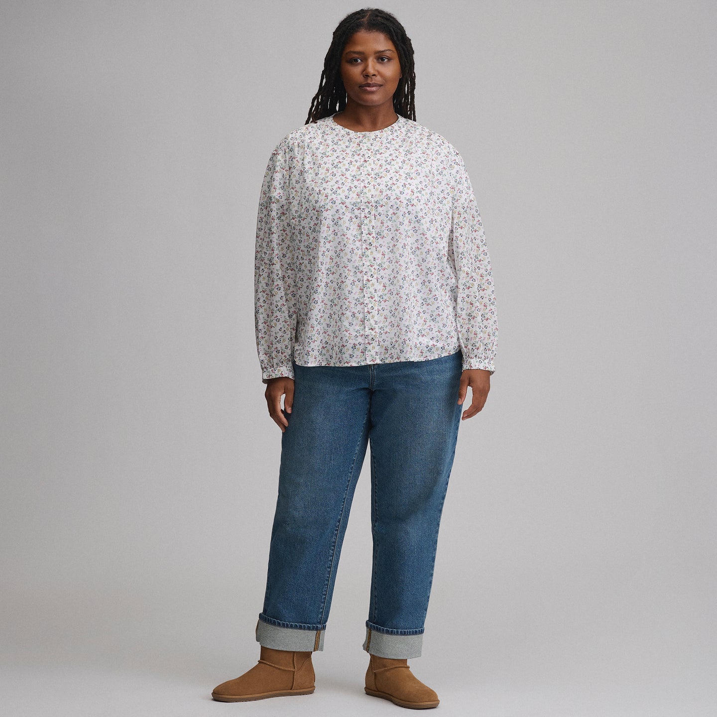 Women's Long-Sleeve Collarless Button-Down Shirt-Ivory-15