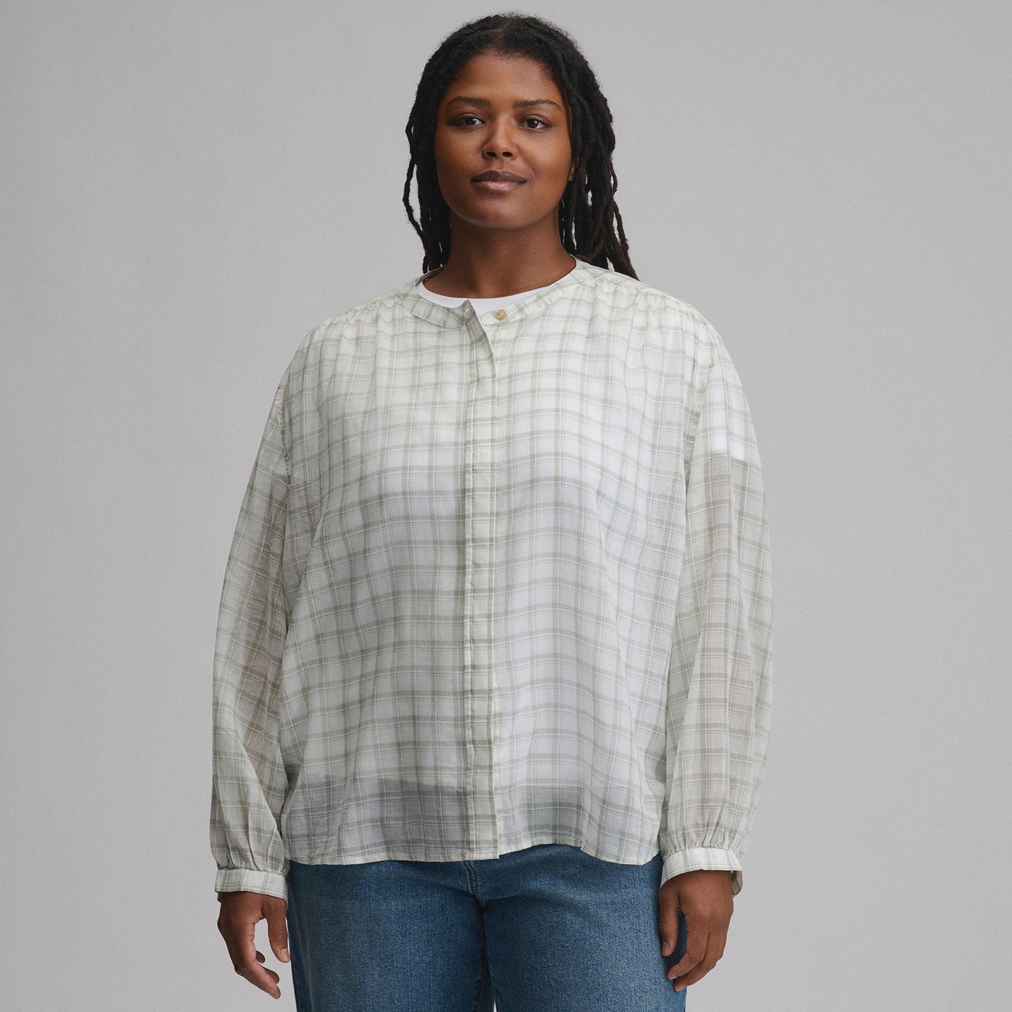Women's Long-Sleeve Collarless Button-Down Shirt-Sage-17