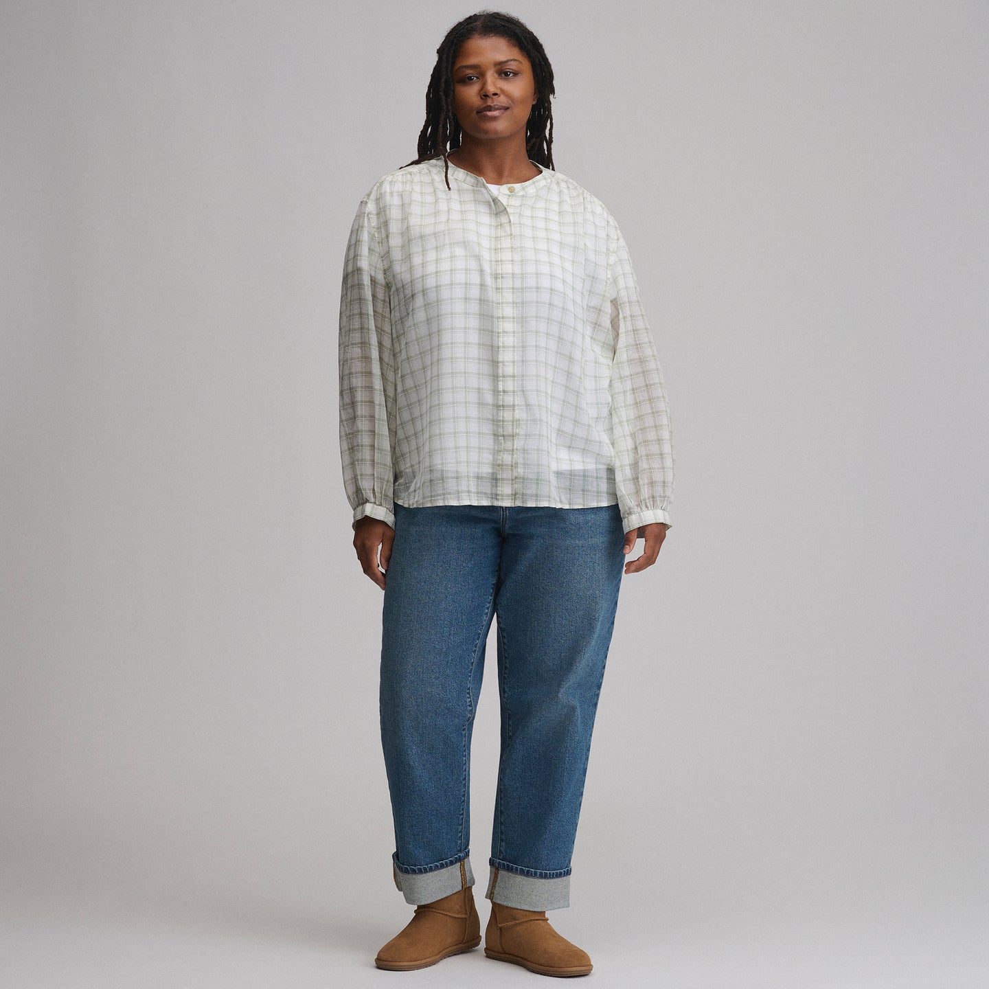 Women's Long-Sleeve Collarless Button-Down Shirt-Sage-20