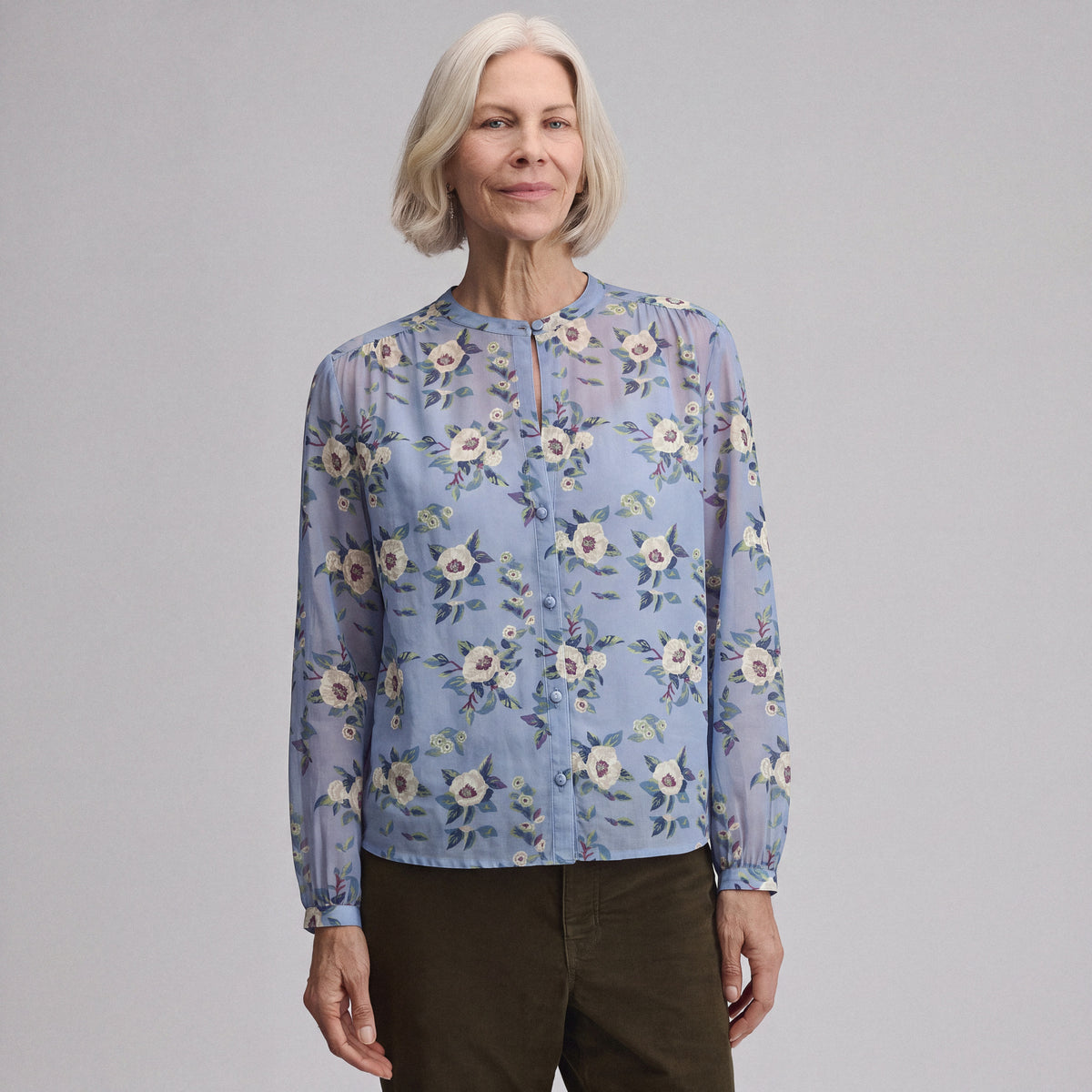 Women's Long-Sleeve Collarless Button-Down Shirt-Cascade-1