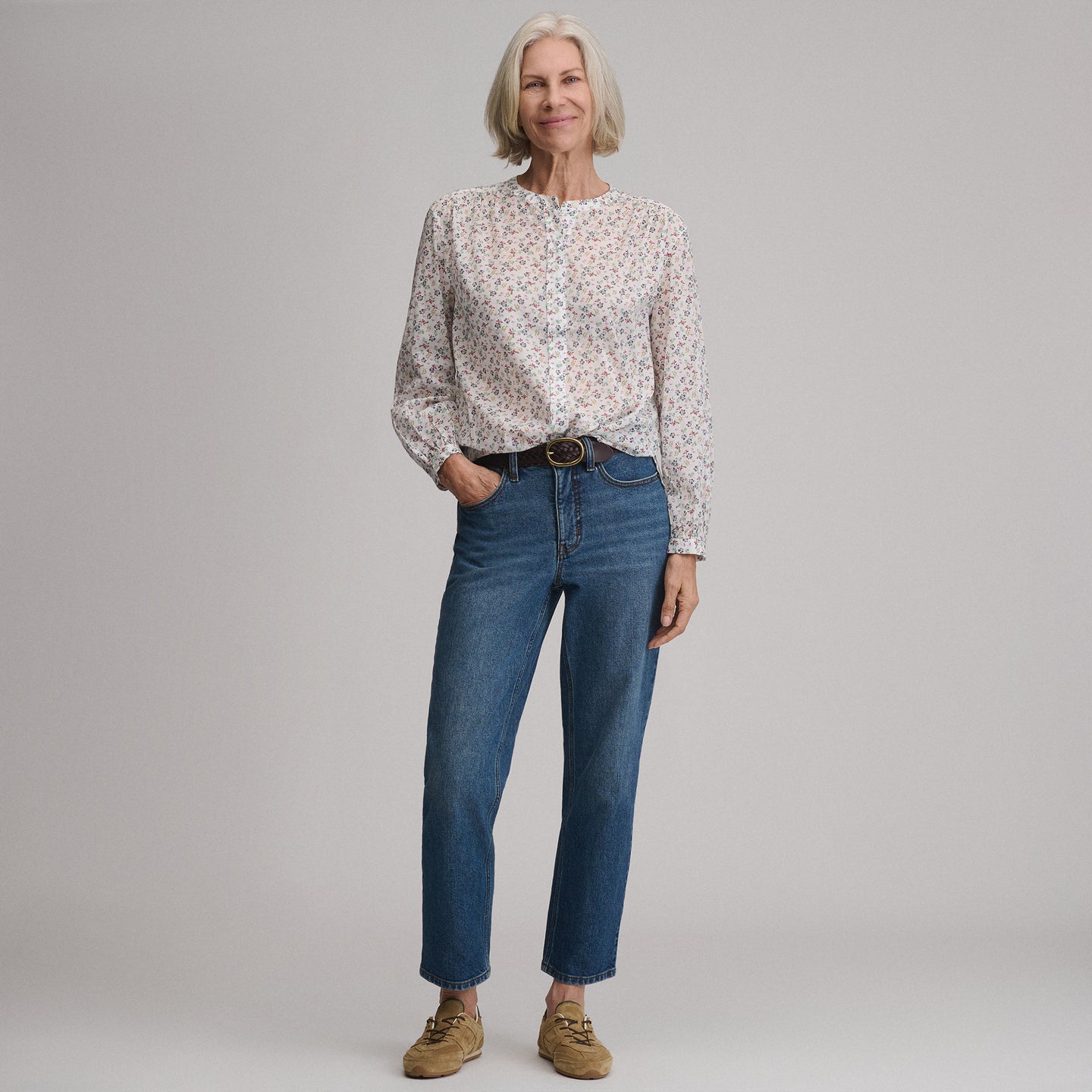 Women's Long-Sleeve Collarless Button-Down Shirt-Ivory-16
