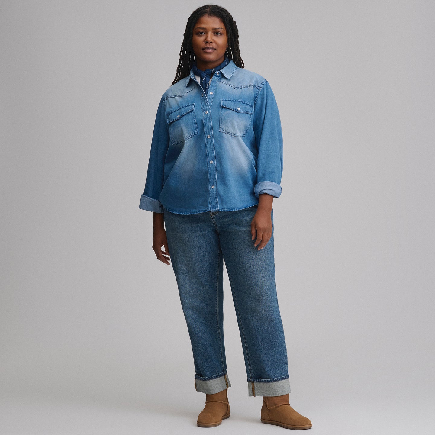 Women's Long-Sleeve Western Denim Shirt-Blue Denim-7