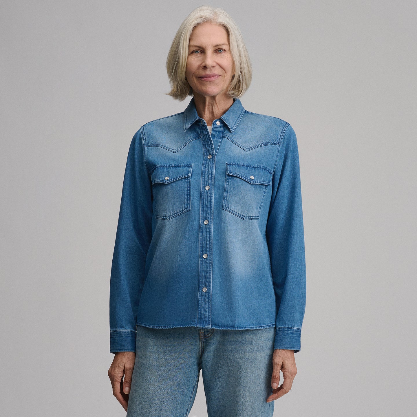 Women's Long-Sleeve Western Denim Shirt-Blue Denim-2