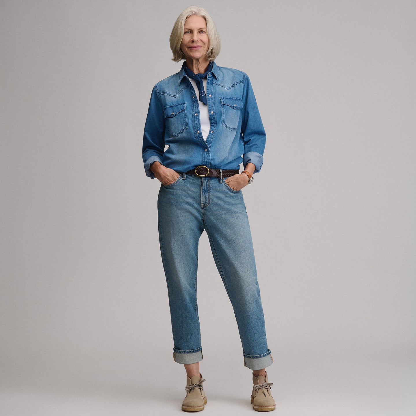 Women's Long-Sleeve Western Denim Shirt-Blue Denim-8