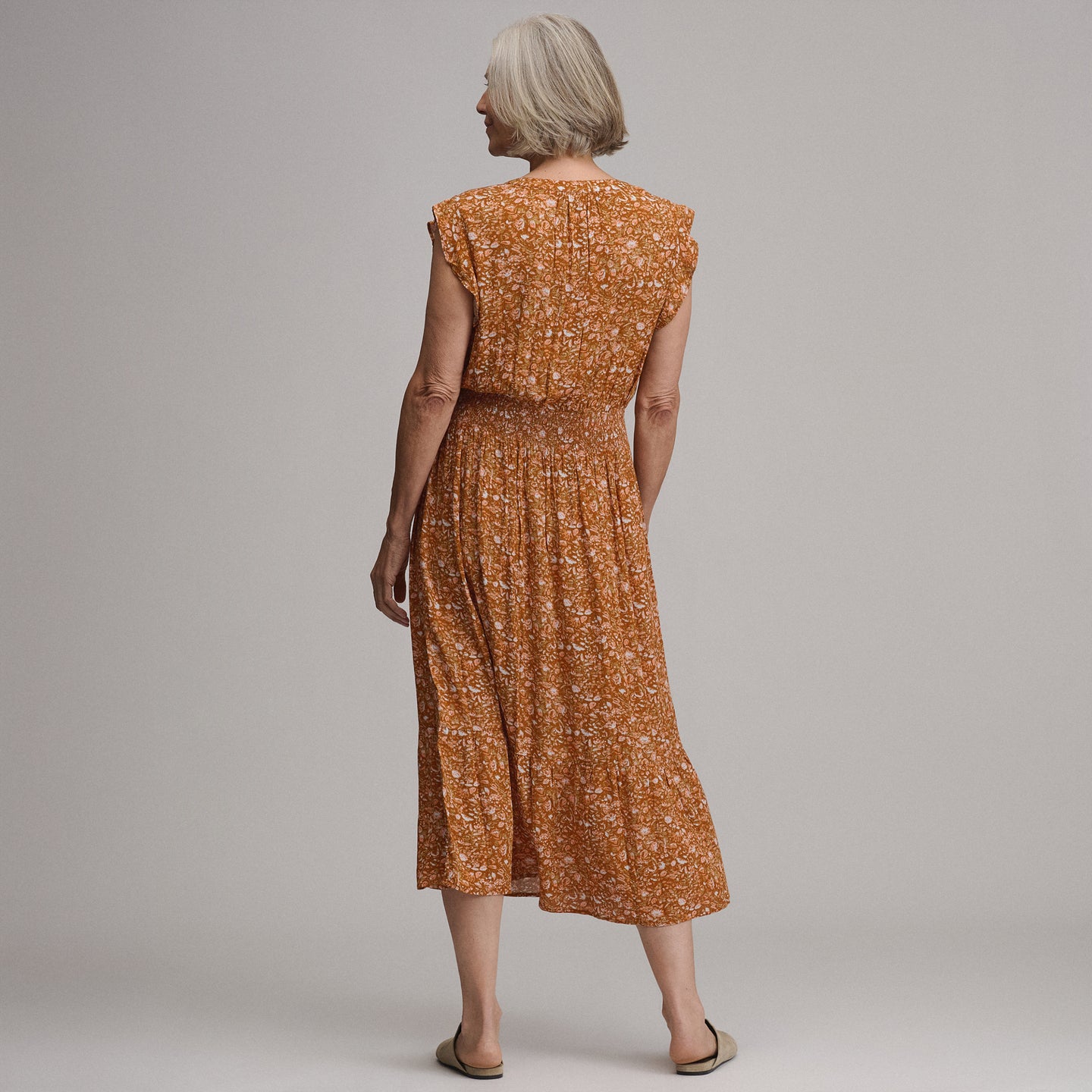 Women's Flutter Sleeve Smocked Waist Midi Dress-Cedar-2