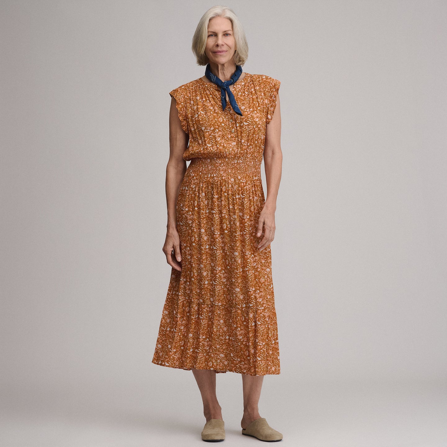 Women's Flutter Sleeve Smocked Waist Midi Dress-Cedar-4