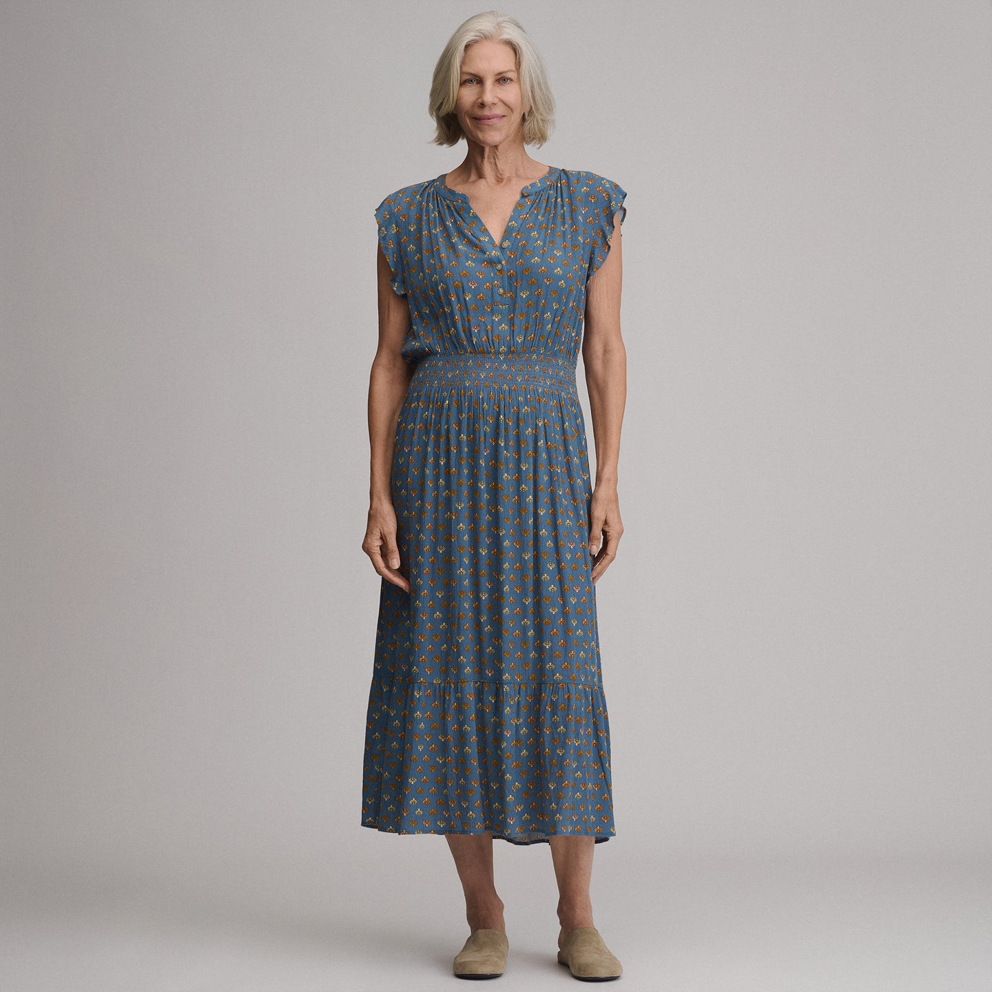 Women's Flutter Sleeve Smocked Waist Midi Dress-Dark Horizon-5
