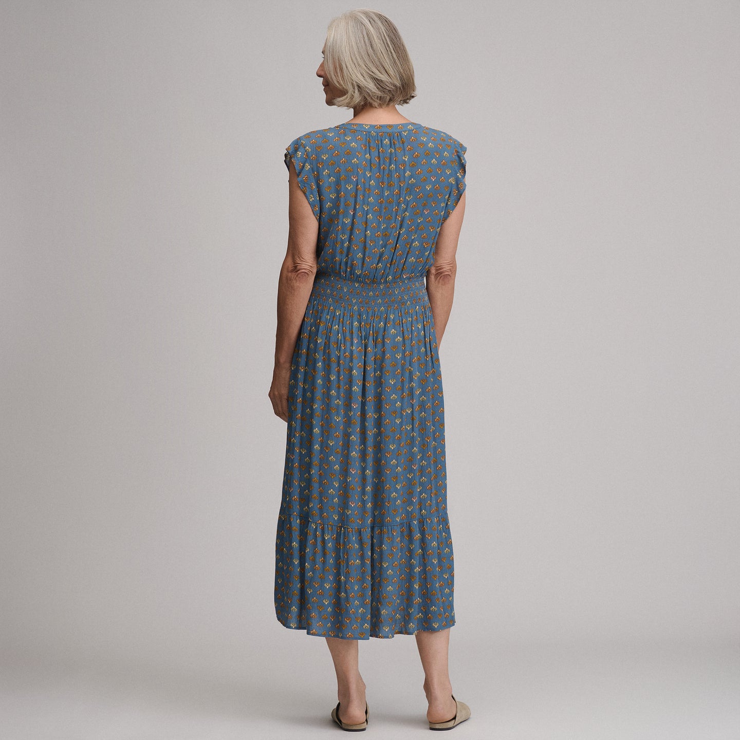 Women's Flutter Sleeve Smocked Waist Midi Dress-Dark Horizon-6