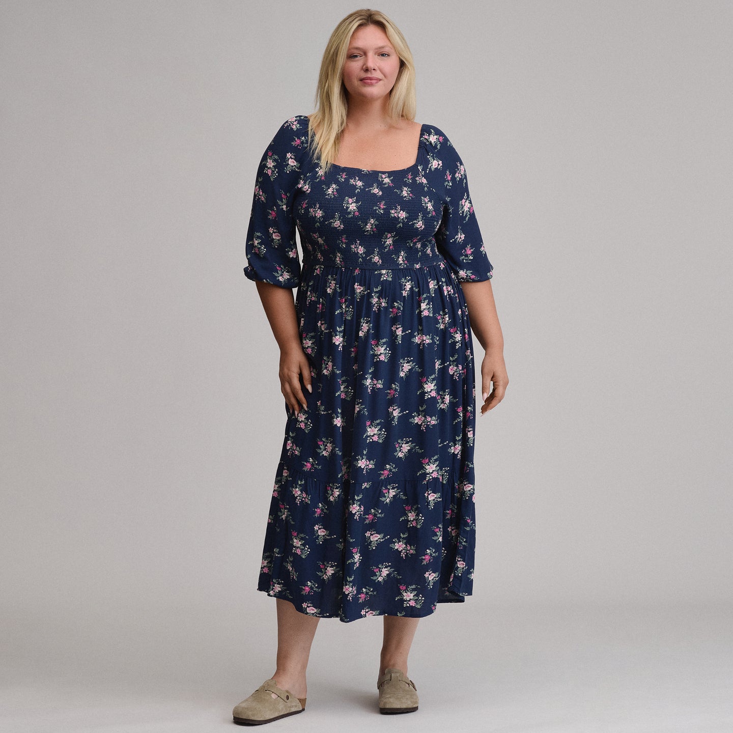 Women's Printed 3/4 Sleeve Smocked Bodice Dress-Brook-1