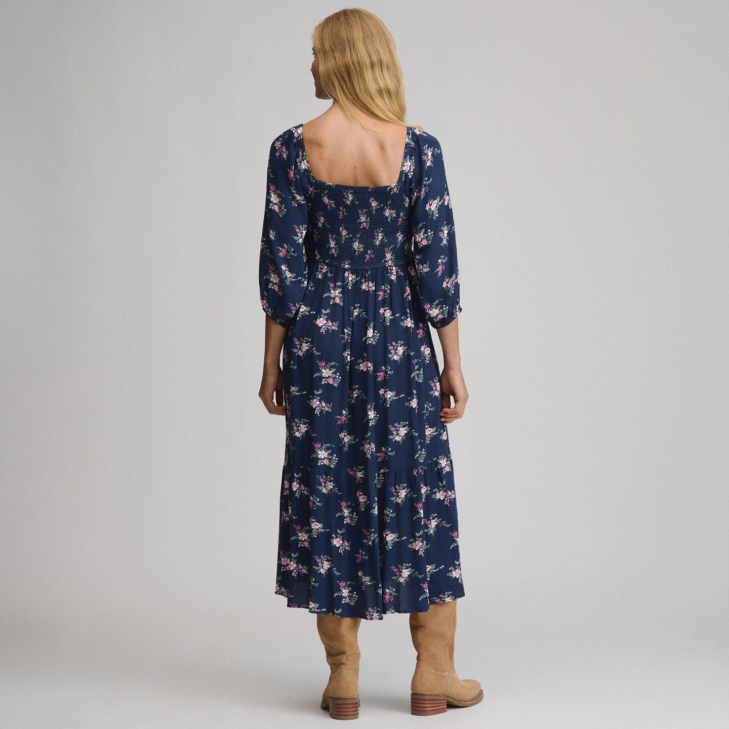 Women's Printed 3/4 Sleeve Smocked Bodice Dress-Brook-4