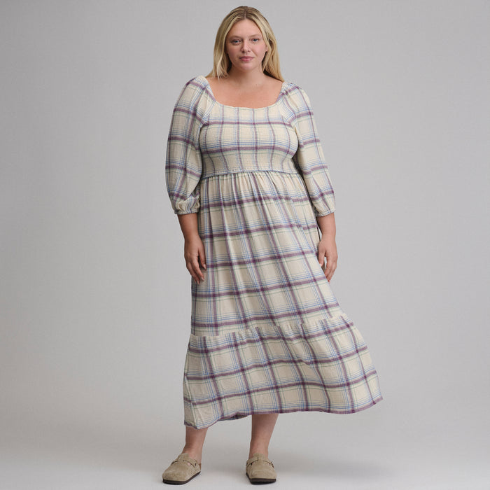 Women's Plaid 3/4 Sleeve Smocked Bodice Dress