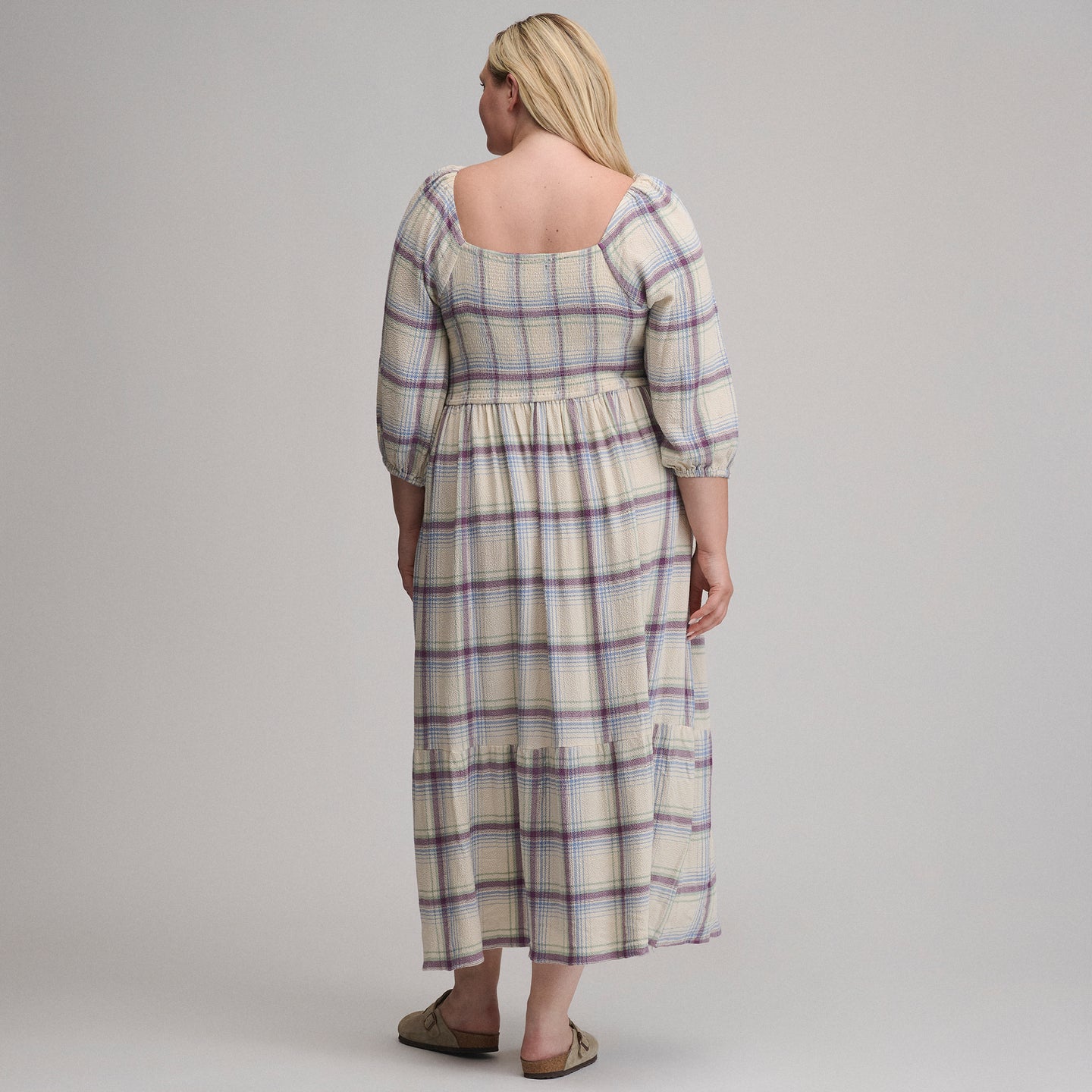 Women's Plaid 3/4 Sleeve Smocked Bodice Dress-Shell-3