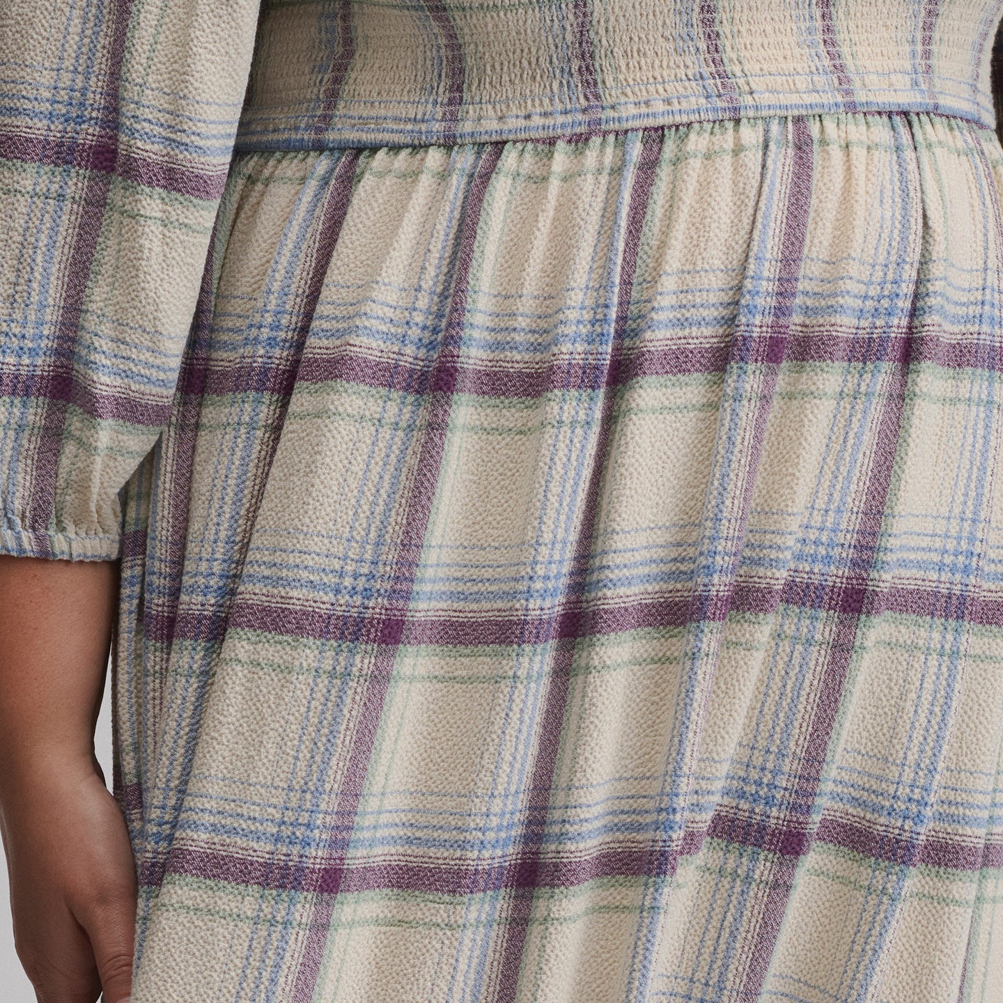 Women's Plaid 3/4 Sleeve Smocked Bodice Dress-Shell-5