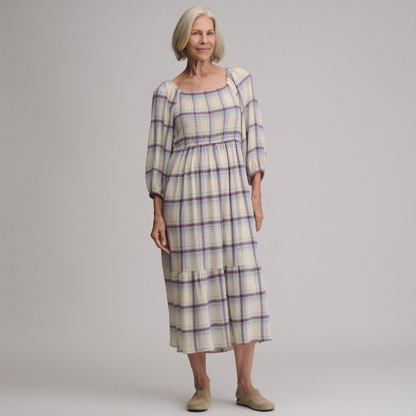 Women's Plaid 3/4 Sleeve Smocked Bodice Dress-Shell-2