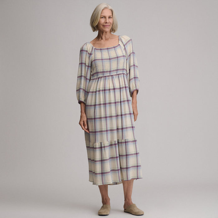 Women's Plaid 3/4 Sleeve Smocked Bodice Dress