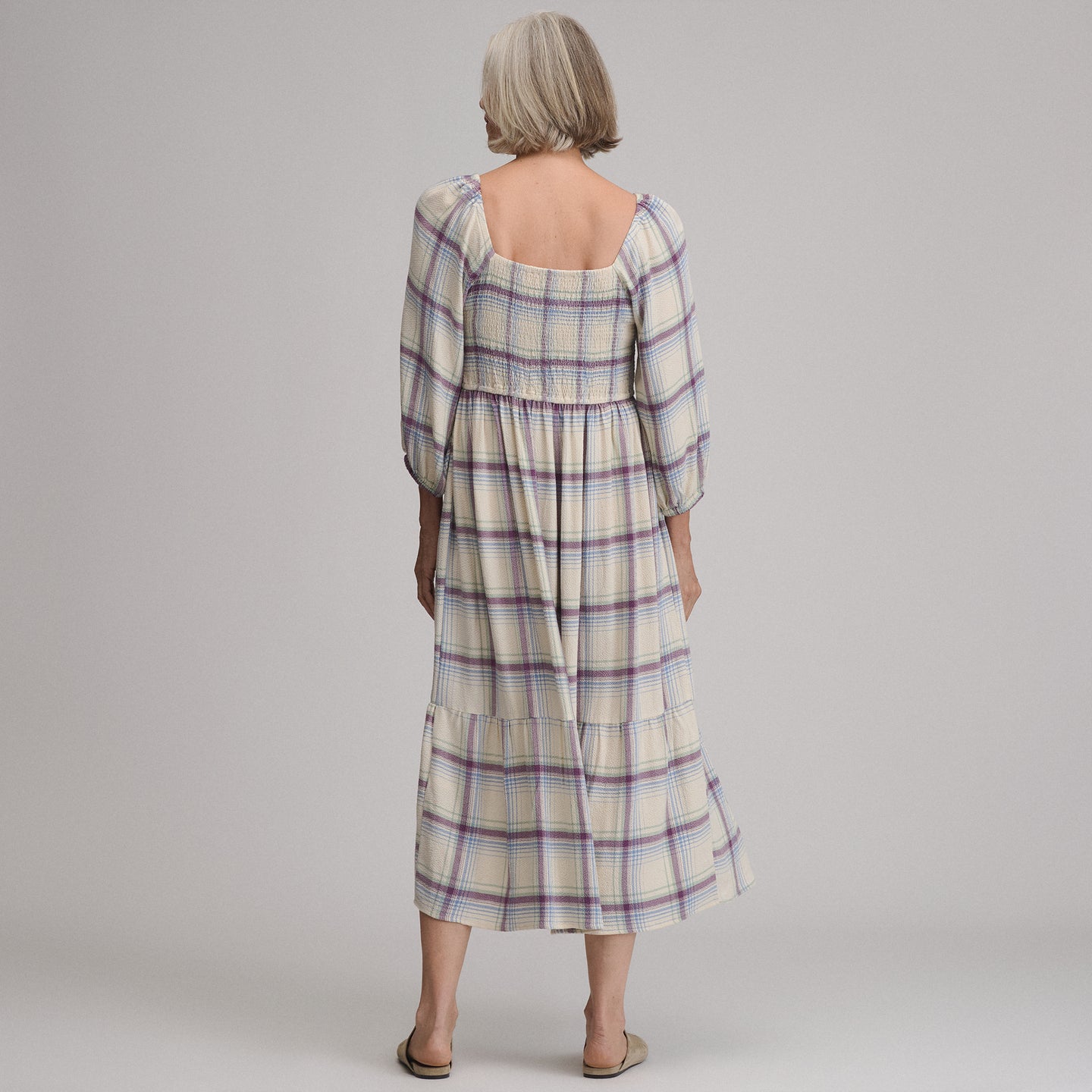 Women's Plaid 3/4 Sleeve Smocked Bodice Dress-Shell-4