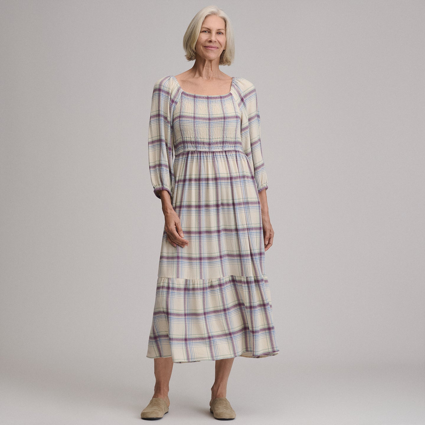 Women's Plaid 3/4 Sleeve Smocked Bodice Dress-Shell-7