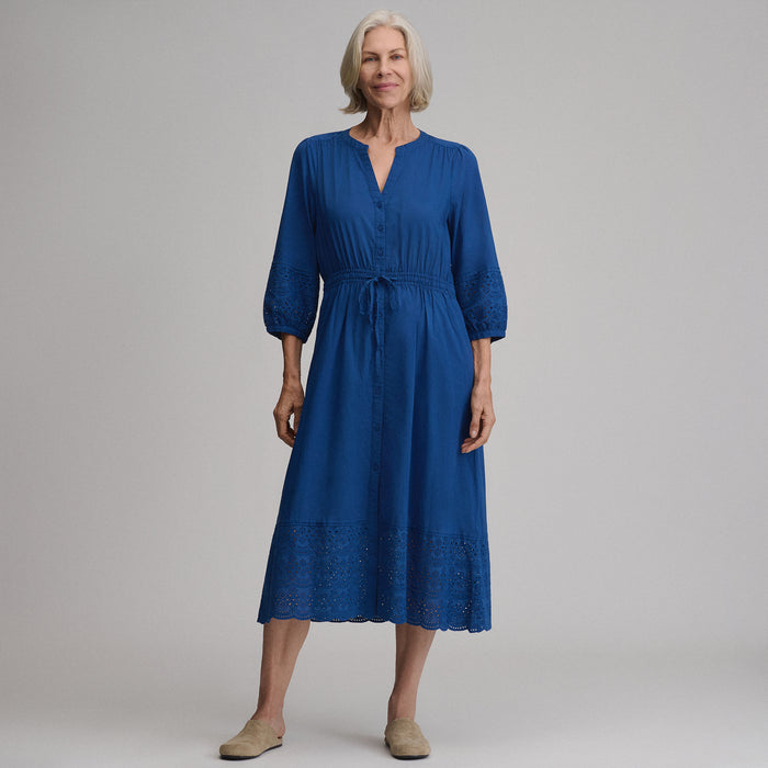 Women's 3/4 Sleeve Eyelet Button Front Belted Dress