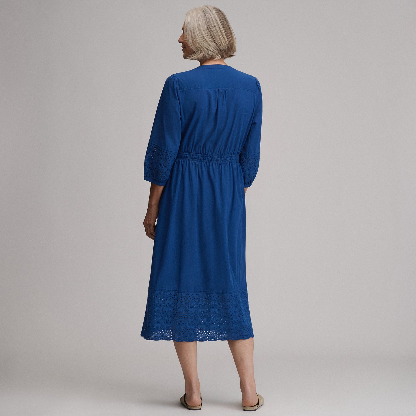 Women's 3/4 Sleeve Eyelet Button Front Belted Dress-Royal-2
